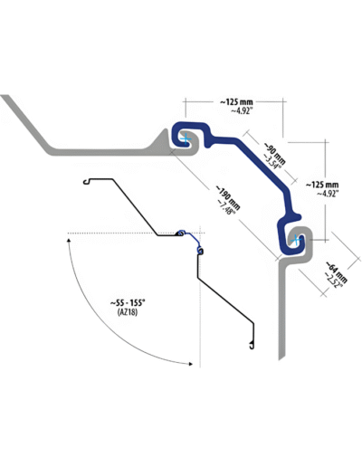 Dimensional drawing of ULTRA S Z-type connector with detailed measurements of interlocking components and rotation angle range from 55° to 155° for corner configurations.