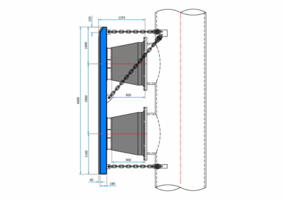 Technical drawing of a dual cone fendering system mounted to a pipe, featuring precision-cut components for optimal energy absorption and marine impact protection.