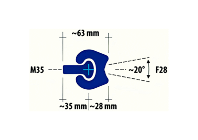 Technical diagram of the MF 63 interlock clutch, showing detailed dimensions (~63mm width, M ~35mm and F ~28mm inner sections)