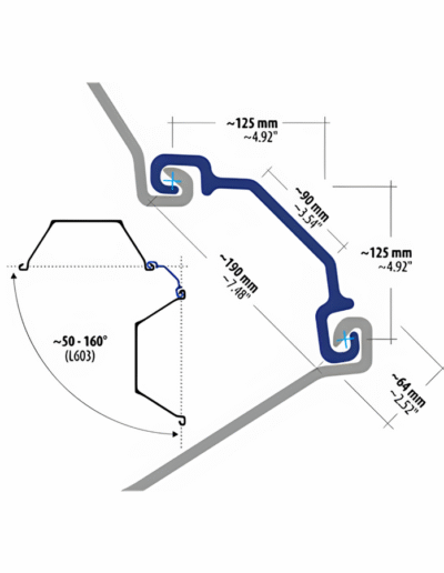 Dimensional diagram of ULTRA-S corner connector for U sheet piles, including measurements and adjustable corner angles for wall alignment