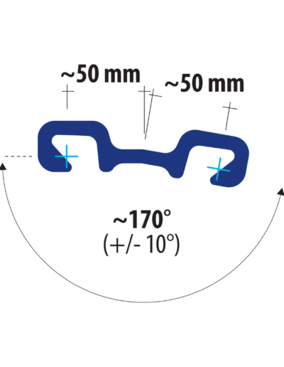 Technical illustration of LLO170 connector showing dual 50 mm interlock arms and a wide 170-degree angle range for flexible sheet pile alignment.