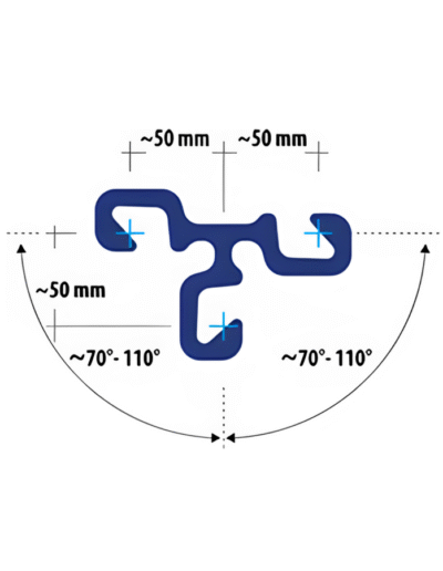 Diagram of LLTS sheet pile connector with three 50 mm interlock arms and angular flexibility between 70° and 110° for multi-directional connections.