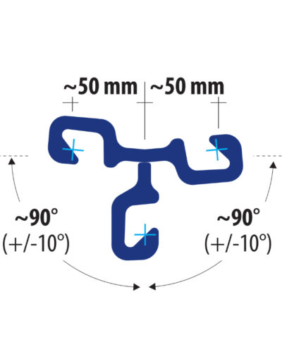 Diagram of LLTS MA sheet pile connector with three 50 mm arms and fixed 90° interlock angles ±10°, designed for T-junction configurations.