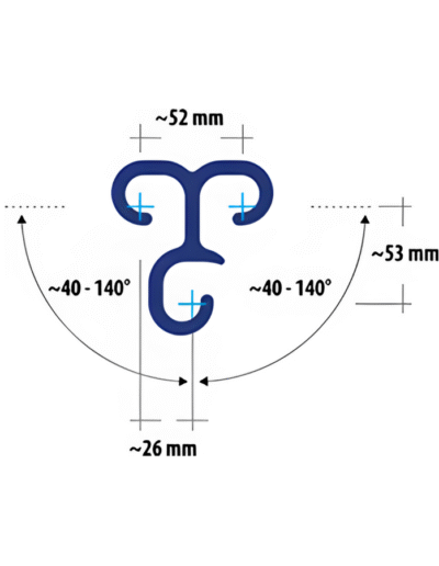 Technical drawing of LOTn connector showing a T-shaped profile with three angular connections and dimensional spacing between 26 mm and 53 mm.