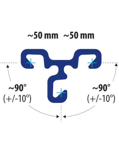 Diagram of LLTO sheet pile connector with three 50 mm interlock arms and fixed 90° angles ±10° for precise T-junction applications.