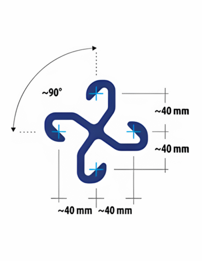 Technical illustration of L4S connector showing four-way interlock configuration with 90-degree spacing and equal 40 mm arm dimensions.