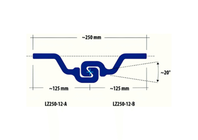 The technical diagram of the LZ250-12 interlock clutch system for pipe piles shows a total width of ~250mm with ~125mm segment dimensions. Designed for secure pile connections in foundation and marine construction projects