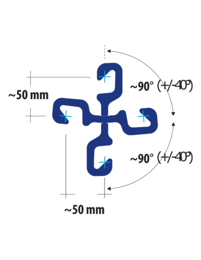 Diagram of LL4S MA sheet pile connector with four 50 mm arms and adjustable 90° angles ±40° for multi-directional interlocking configurations.
