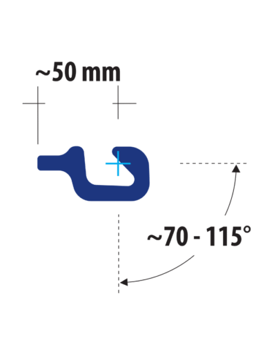Technical illustration of LPB100-9A connector showing single-arm interlock design with 50 mm width and 70–115° angular flexibility.