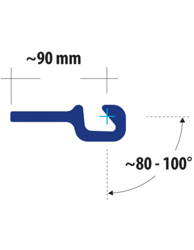 Diagram of LPB180-10 sheet pile connector with extended 90 mm profile and adjustable interlock angle range from 80° to 100°.