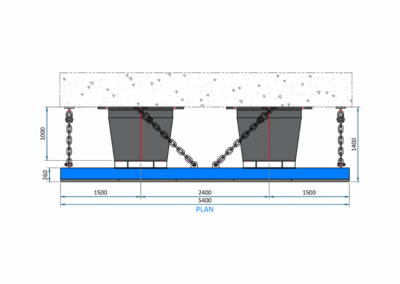 Engineering drawing of a dual cone marine fendering system mounted to concrete, illustrating chain configuration, durable rubber cones, and structural layout for heavy-duty dock protection.
