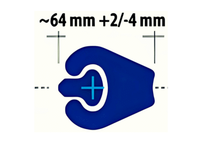 Technical diagram of the MF 64 interlock clutch, showing dimensions (~64mm ±2-4mm) and structural details for steel pipe pile connections