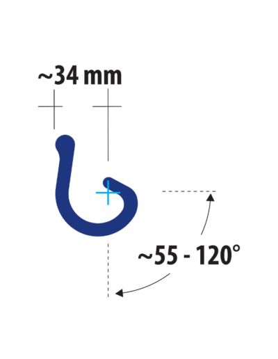 Diagram of LV22 sheet pile connector with 34 mm profile and adjustable angular range from 55° to 120° for single interlock configurations.