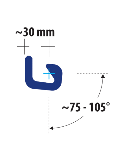 Technical drawing of L8/E22 hot-rolled connector, showing a compact single-arm interlock with a 30 mm width and 75–105° angle flexibility.