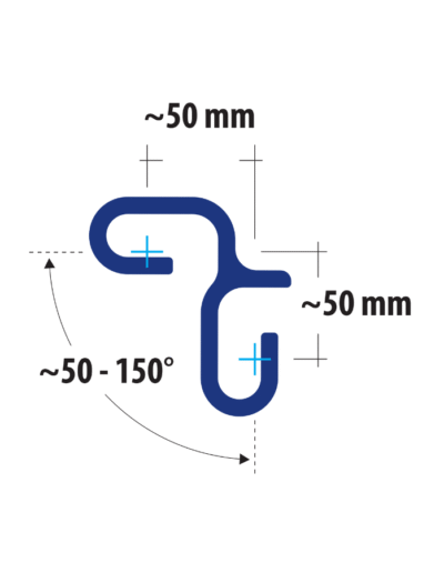 Diagram of CF90 weld-on pile connector with dual 50 mm interlock arms and adjustable angle range from 50° to 150°.
