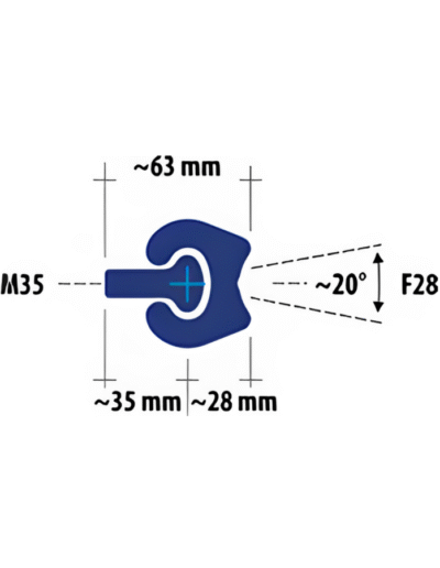Technical diagram of MF63 connector for pipe pile walls, showing M35 and F28 interlocks, 63 mm width.
