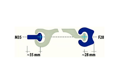 Diagram of MF63 Z pile interlock system with M35 and F28 connectors, featuring ~35mm and ~28mm locking widths for secure pipe pile connections in marine and foundation applications