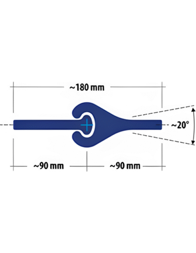 Technical diagram of MF180b connector for pipe pile walls, with 180 mm body length, 90 mm segments on each side, and a 20° angular spread.