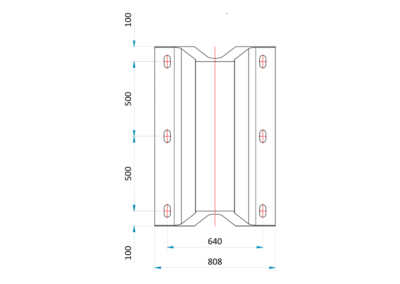 Technical drawing of an arch-type marine fender showing dimensions and bolt positions, designed for dock and wharf impact protection.