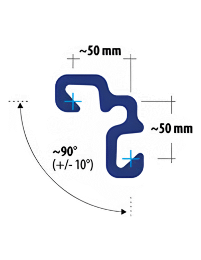 Diagram of LLS90 sheet pile connector with 90-degree interlock angle tolerance, 50 mm width, and detailed corner profile geometry.