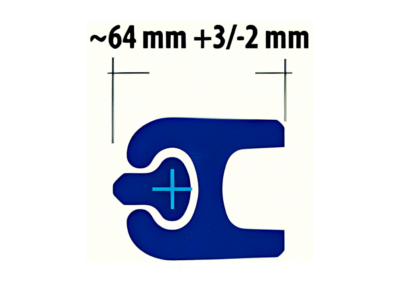 Technical diagram of the MF 64-IC interlock clutch with dimensions: ~64mm width (+3/-2 mm tolerance), designed for secure pipe pile connections.