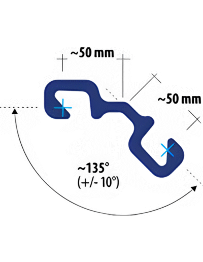Diagram of LLS135 sheet pile connector showing 135-degree angle with ±10° tolerance and 50 mm width on both ends.