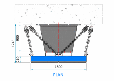 Technical drawing of a cone-type marine fendering system with frontal panel and chain configuration, mounted to concrete for energy absorption and hull protection.