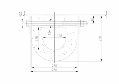 Technical drawing of a D-type marine fender with dimensional specifications, designed for dockside installation to absorb impact and protect vessel hulls.