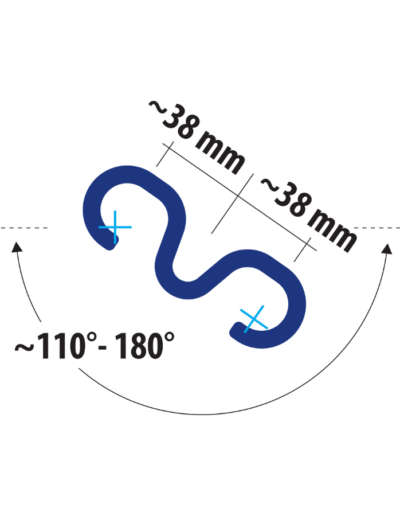 Technical illustration of LV Omega connector with omega-shaped interlock profile, 38 mm ends, and 110–180° angular flexibility.