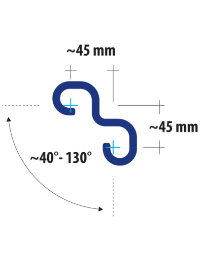 Technical drawing of LVO connector showing dual 45 mm ends and flexible interlock range suited for angled sheet pile junctions.