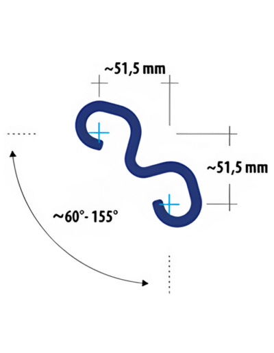 Technical drawing of LVOn connector featuring dual 51.5 mm profiles and a flexible angular range for joining sheet piles at different orientations.