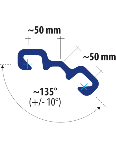 Technical drawing of LLO135 connector showing dual 50 mm interlock arms and a 135-degree flexible joint for corner transitions in sheet pile walls.