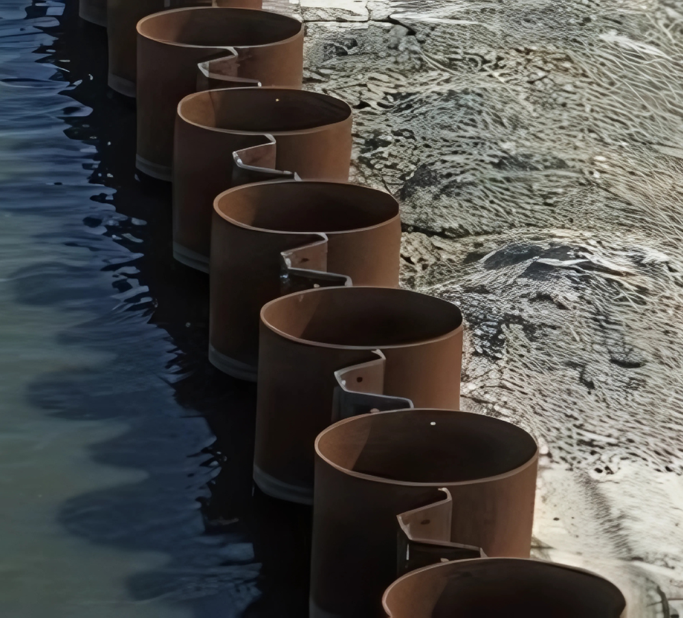Row of steel pipe piles with double Z-type sheet piles, forming the combi wall along the waterfront.