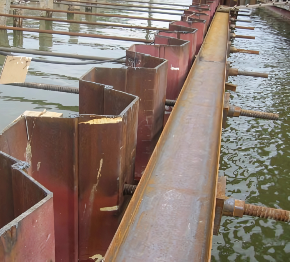 Close-up view of steel tie bars connected to a waling beam and sheet pile wall in a marine construction site, showing precise alignment and structural reinforcement.