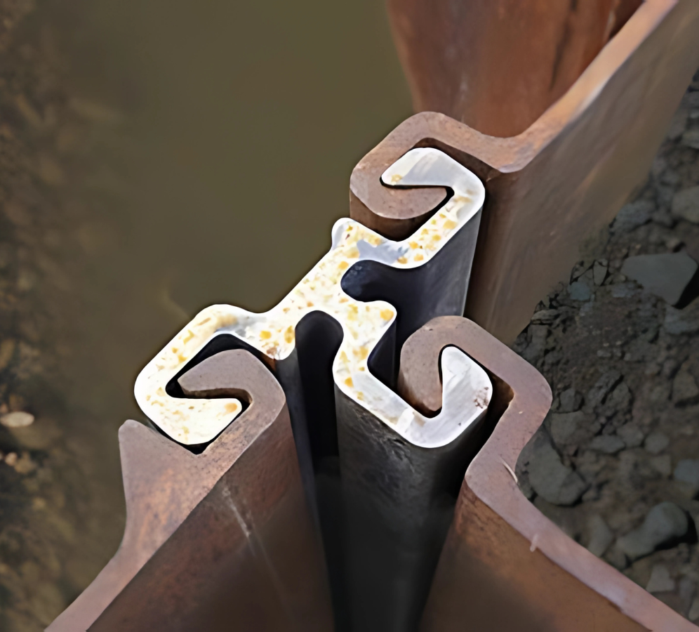 Close-up view of a T sheet pile connector interlocking with Z-profile sheet piles, used for corner or junction transitions in combined wall systems.
