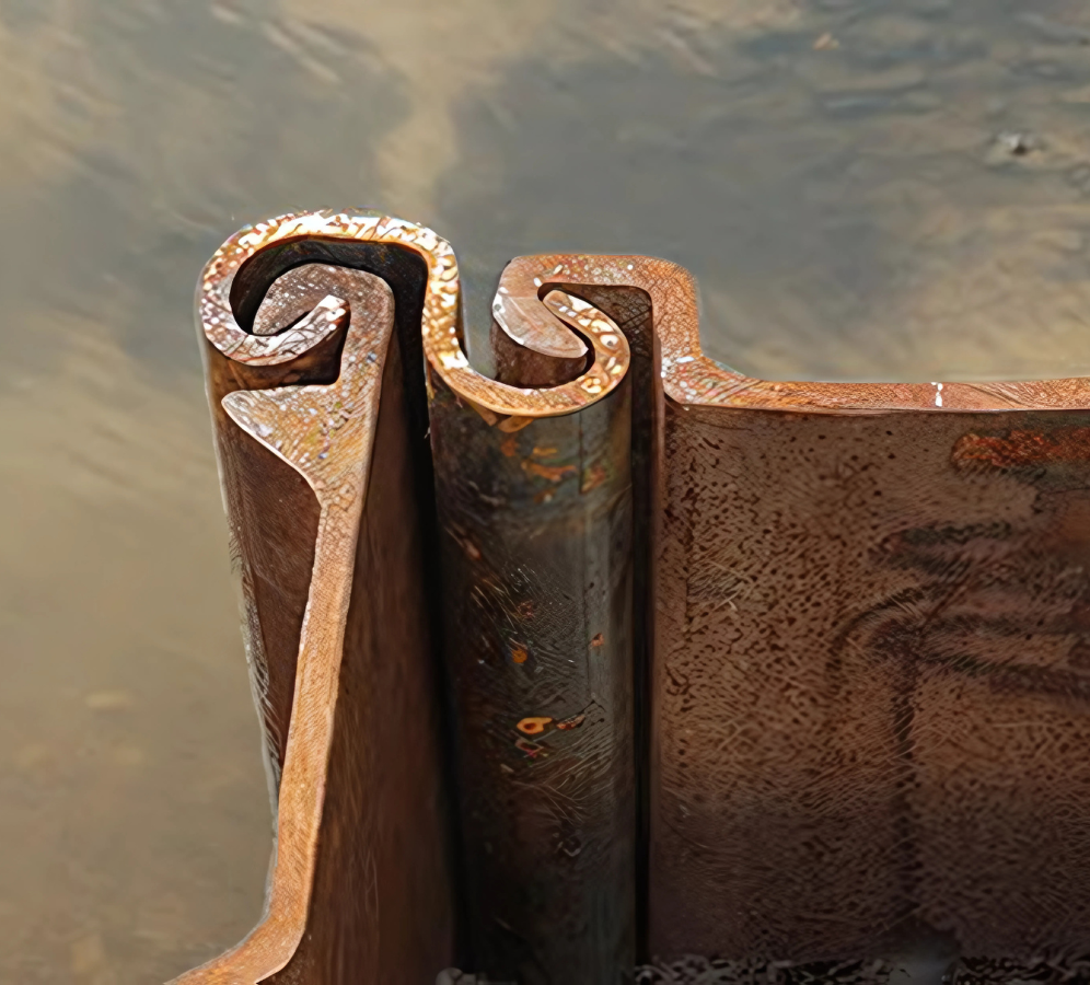 Close-up of LV20N steel sheet pile connector interlocking two sheet piles, designed for angular transitions in sheet pile walls and combined wall systems.