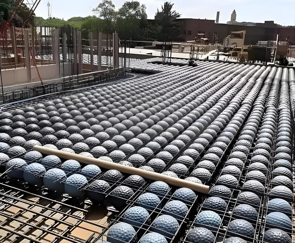 Hohlraumbildner Baustelle mit kugelförmigen Kunststoffhohlkörpern, die in einer Stahlbetonplatte angeordnet sind. Sie werden verwendet, um das Betonvolumen zu reduzieren und das strukturelle Gewicht in Bodensystemen mit großer Spannweite zu verringern.