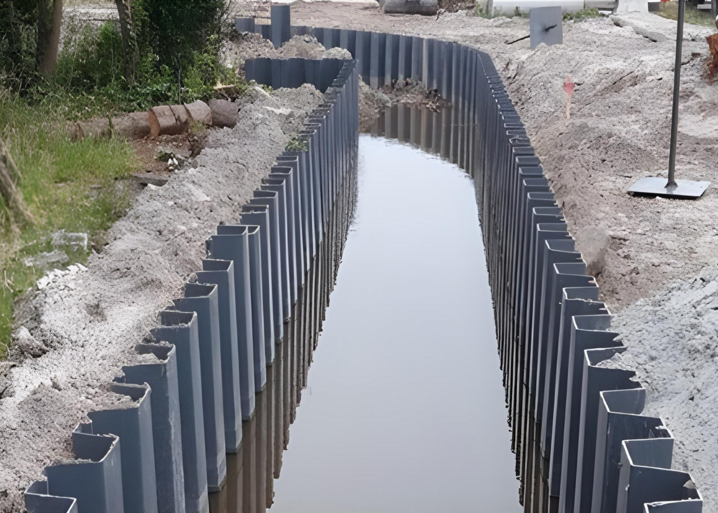 Installation von Vinyyl-Spundwänden, die eine Wasserschutzstruktur entlang eines schmalen Kanals bilden.