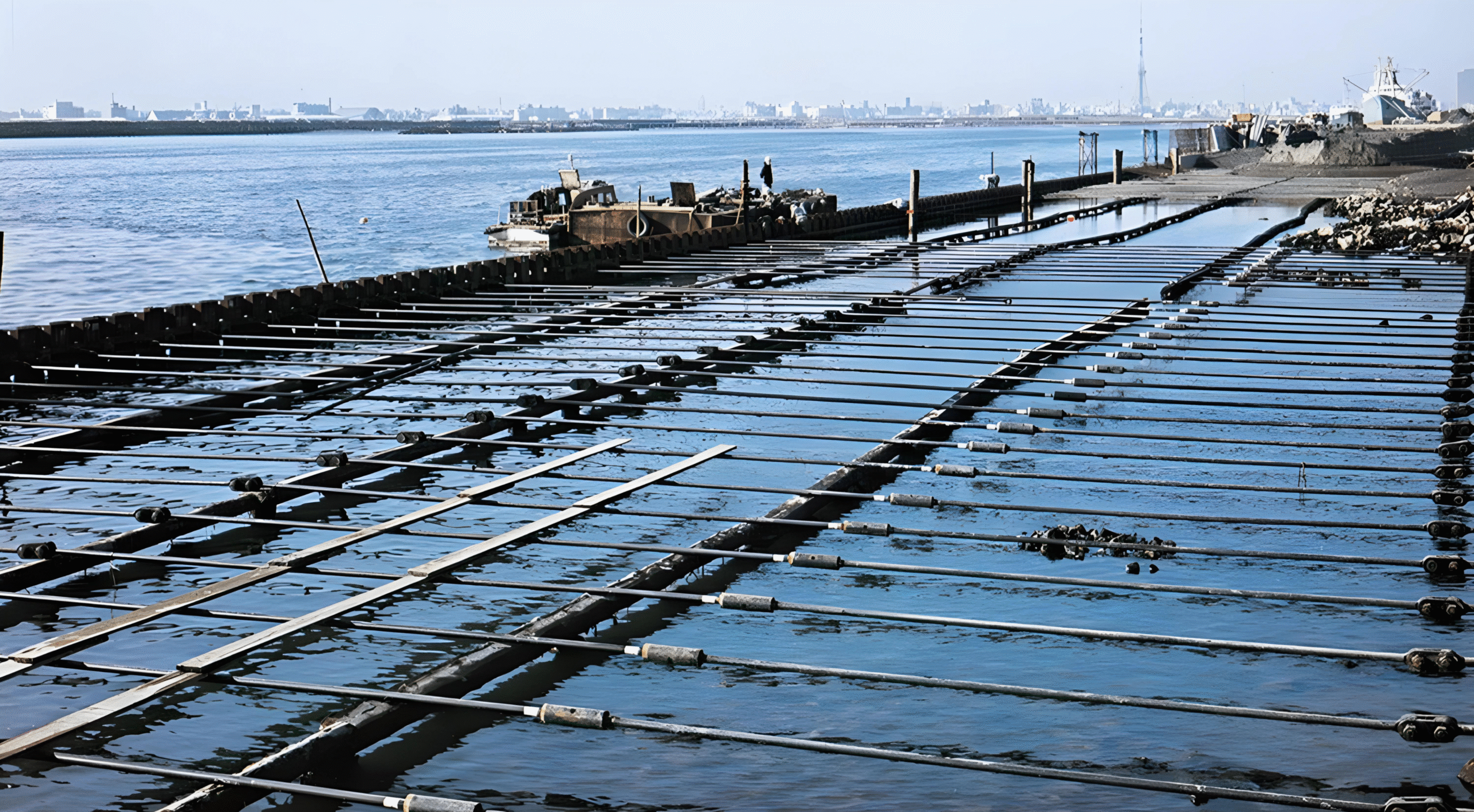 Anchored sheet pile wall with multiple tie rods stabilising the quay wall structure in a marine environment.