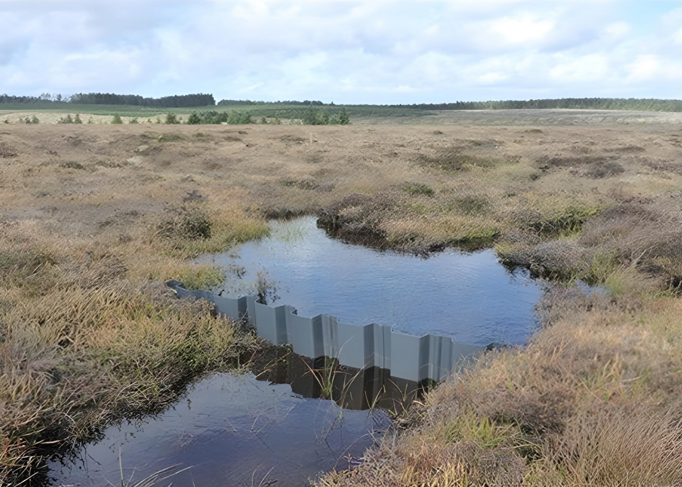 Vinyyl-Spundwand zur Wasserregulierung und Torfsanierung in einem Feuchtgebiet.