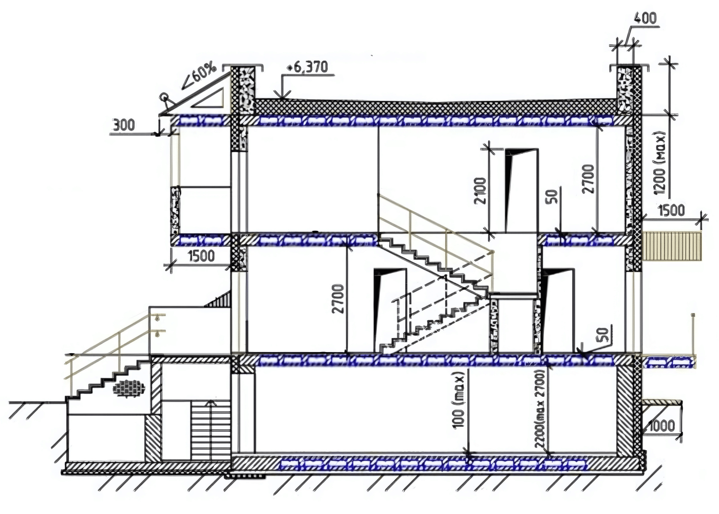 Architectural section drawing of a multi-story residential building showing void formers placement, floor heights, staircase placement, wall thicknesses, and structural dimensions, including basement, ground, and upper levels.