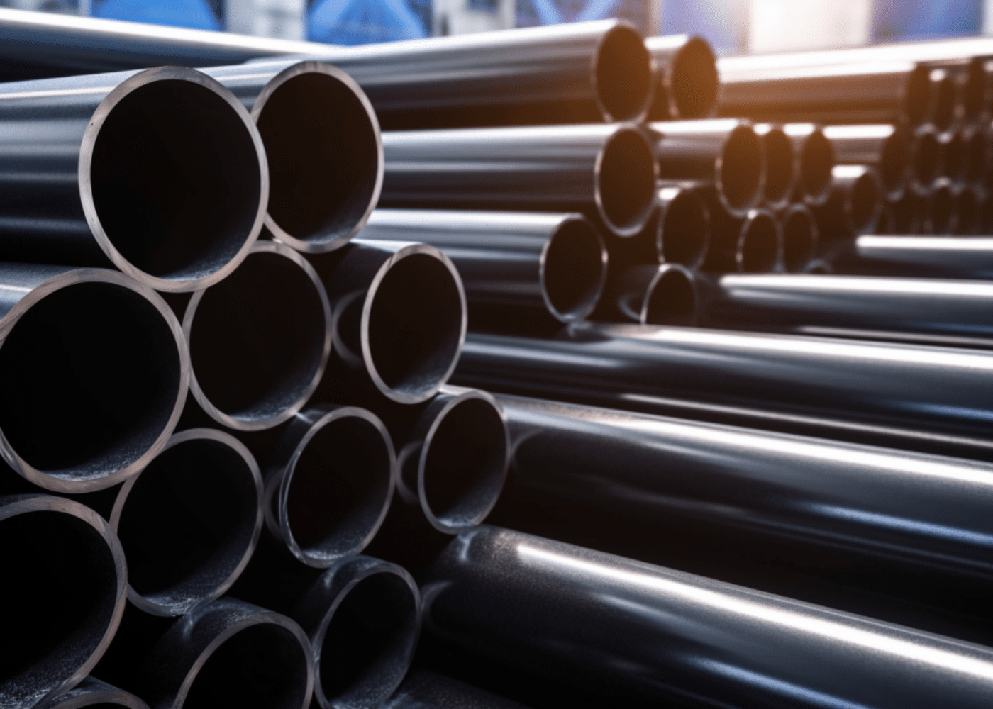Polished seamless metal pipes, manufactured through extrusion process, ready for shipment and being used in various applications.