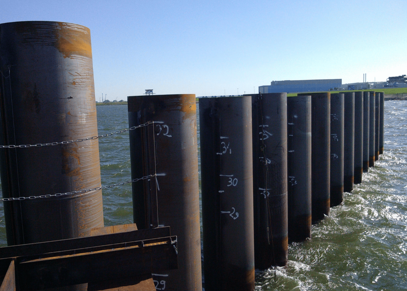 Steel pipe piles installed for extra strength in the quay wall and to withstand extreme conditions of the marine enveronment.