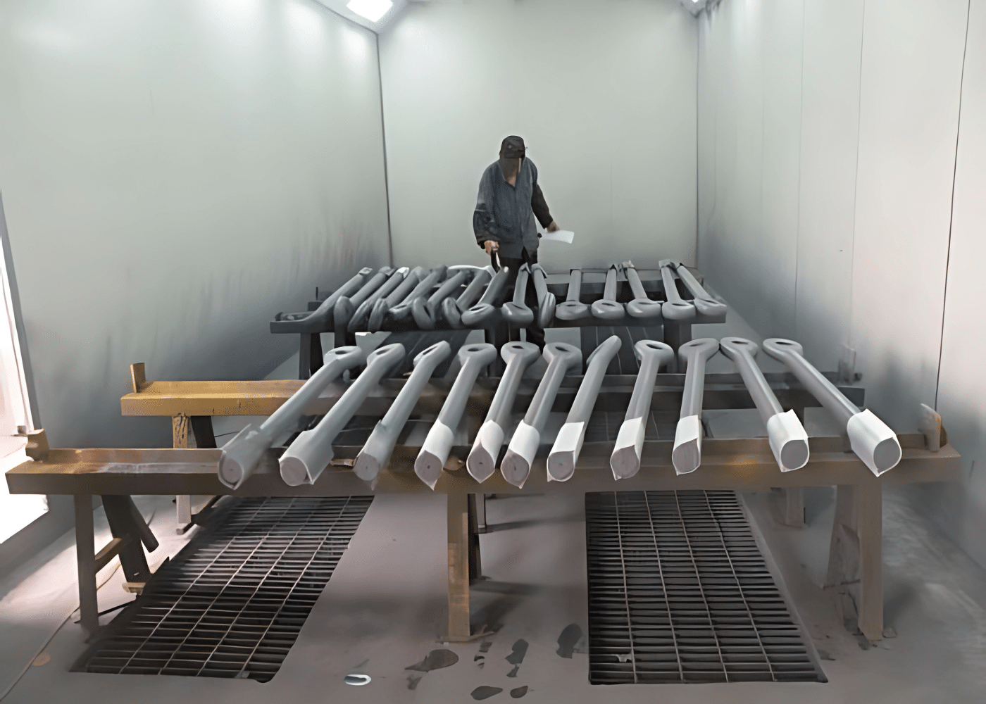 Pręty ściągające w kabinie lakierniczej poddawane nakładaniu powłok odpornych na korozję