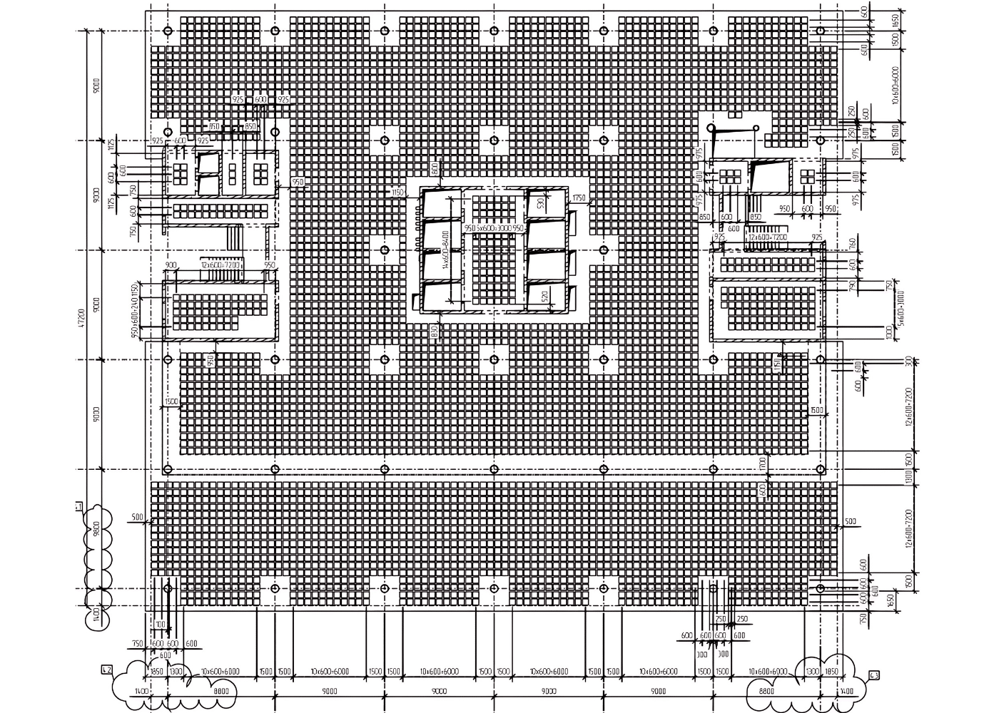 Detailed floor plan showing void former layout across a large concrete slab, optimized for structural efficiency in a high-rise building with centralized core and peripheral column grid.