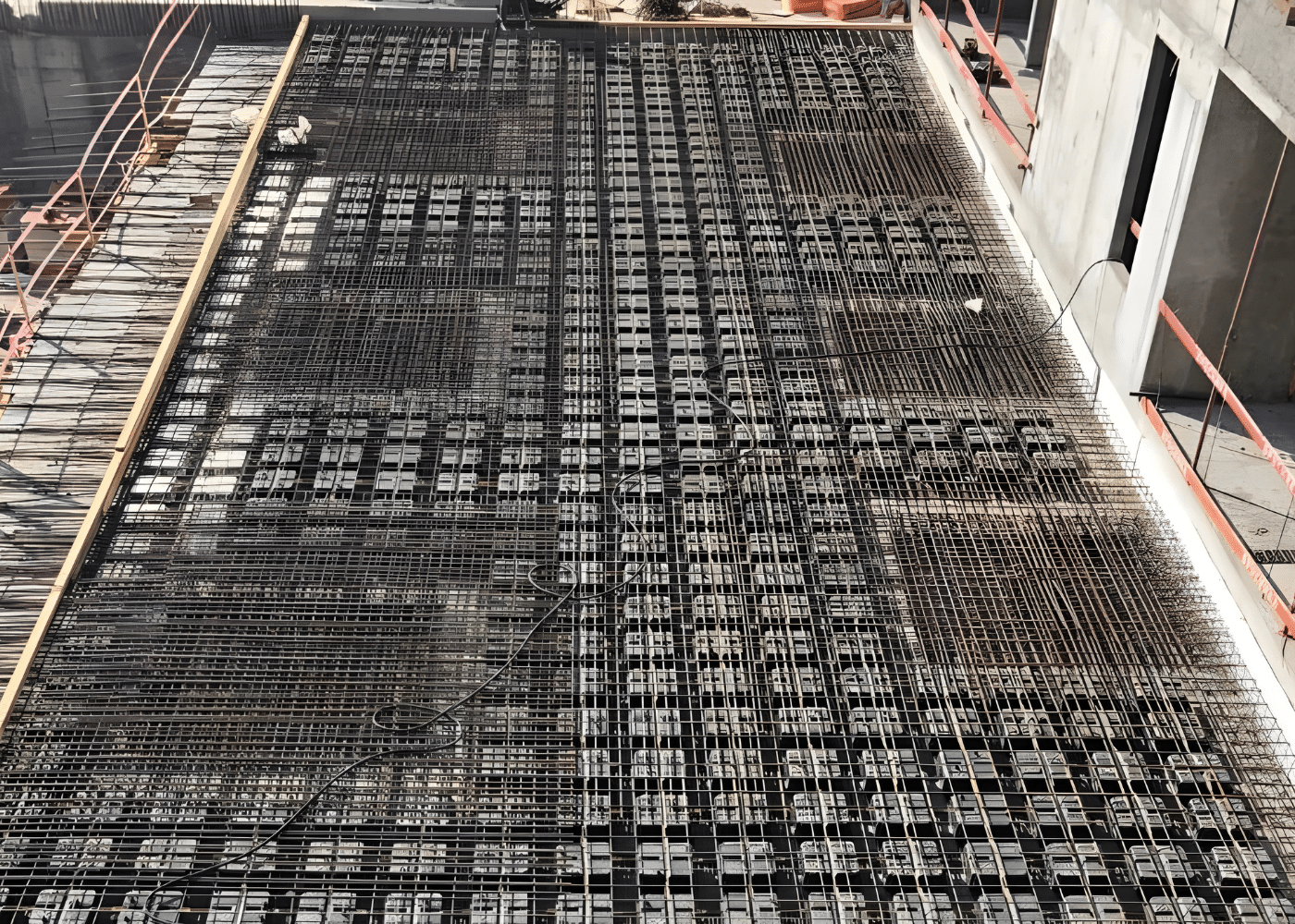 Reinforced concrete slab under construction with visible steel rebar and polystyrene void formers arranged in a grid layout.