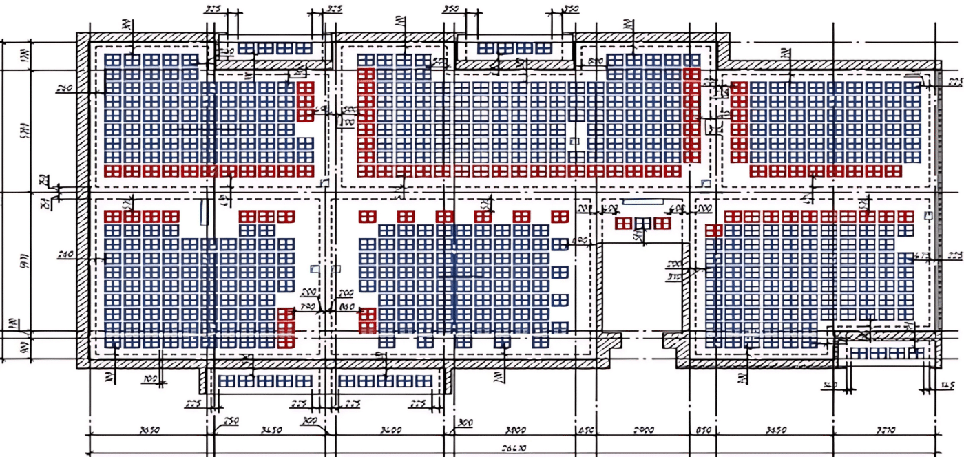 Technical floor plan showing void former placement in a reinforced concrete slab system, with red and blue grid patterns indicating different void module zones across multiple structural bays.
