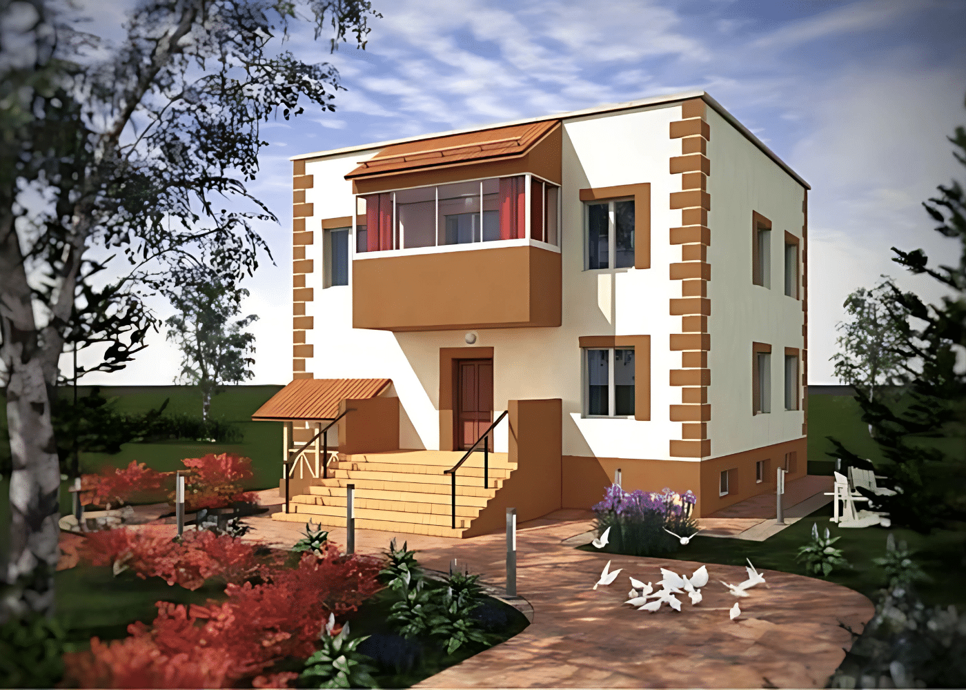 Rendered image of a modern two-story residential house with the use of void formers, brown and white facade, surrounded by landscaped garden paths, colorful plants, and decorative white birds in the front yard.
