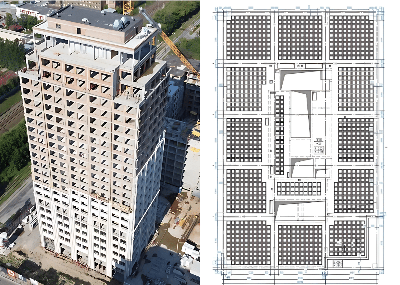 A high-rise monolithic concrete building under construction, shown alongside a structural floor plan illustrating void former layout in slab zones—demonstrating their application in multi-story reinforced concrete buildings