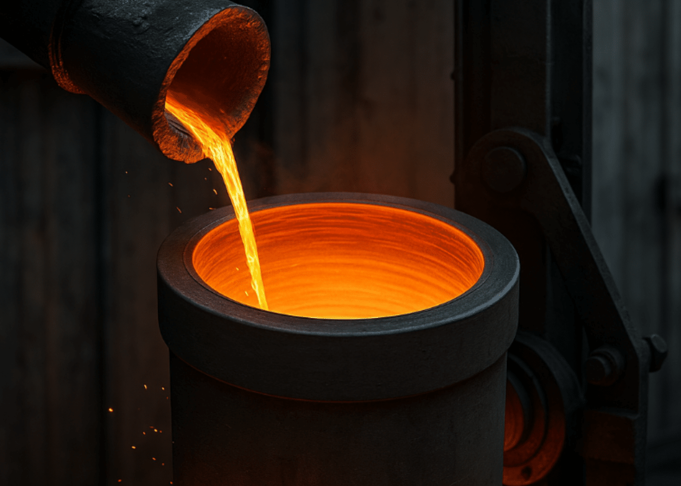 Molten steel being poured into cylindrical mold during centrifugal casting pipe production.